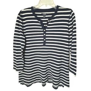 Chaps Henley Striped Top Womens Size L Blue White Cotton Nautical Y2K Preppy